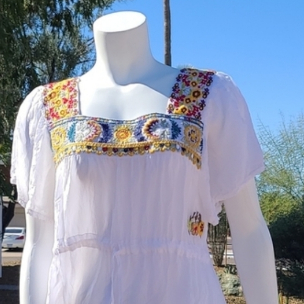 JOHNNY WAS ANTHRO White Embroidered Cotton Mini Dress M Boho Cover Up Mexico - Picture 6 of 17